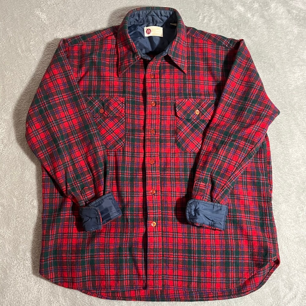 Vintage 70s Sears Kings Road Flannel Shirt Mens XL Loop Collar Wool Plaid Red